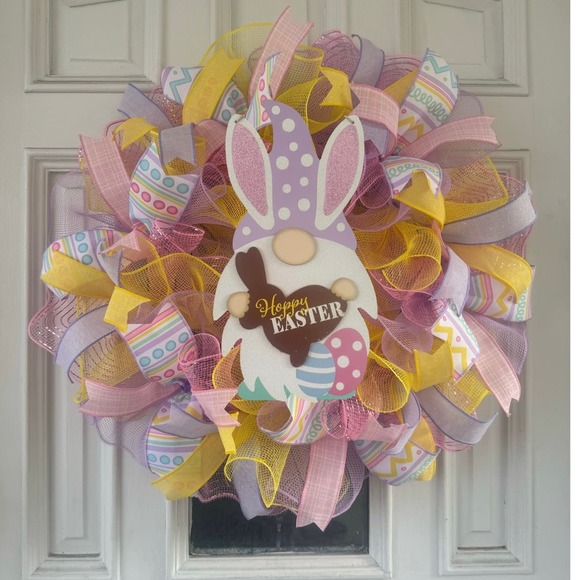 Chocolate Bunny Gnome Mesh Ribbon Easter Wreath Front Door Hanger - Picture 1 of 5